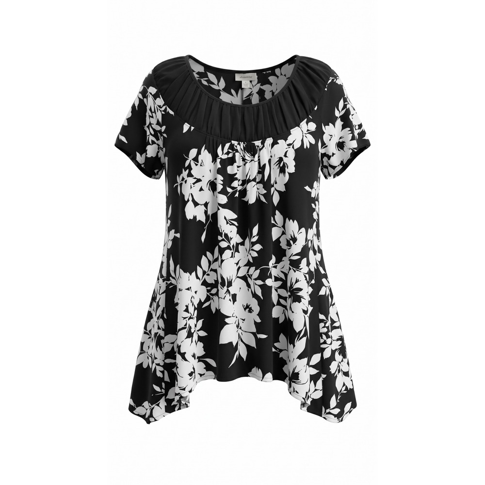 Dressbarn Women 2X Black White Floral Tunic Sharkbite Hem Pleated Neck Blouse
